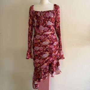 Wayf Burgundy Floral Asymmetrical Dress